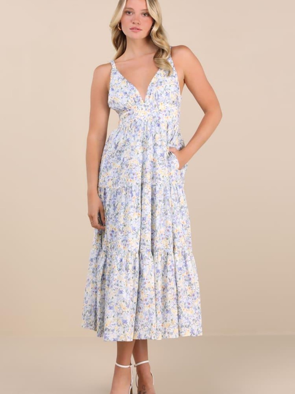 Lulu's Brightly Blossoming Light Blue Floral Tiered Midi Dress- WORN ONCE